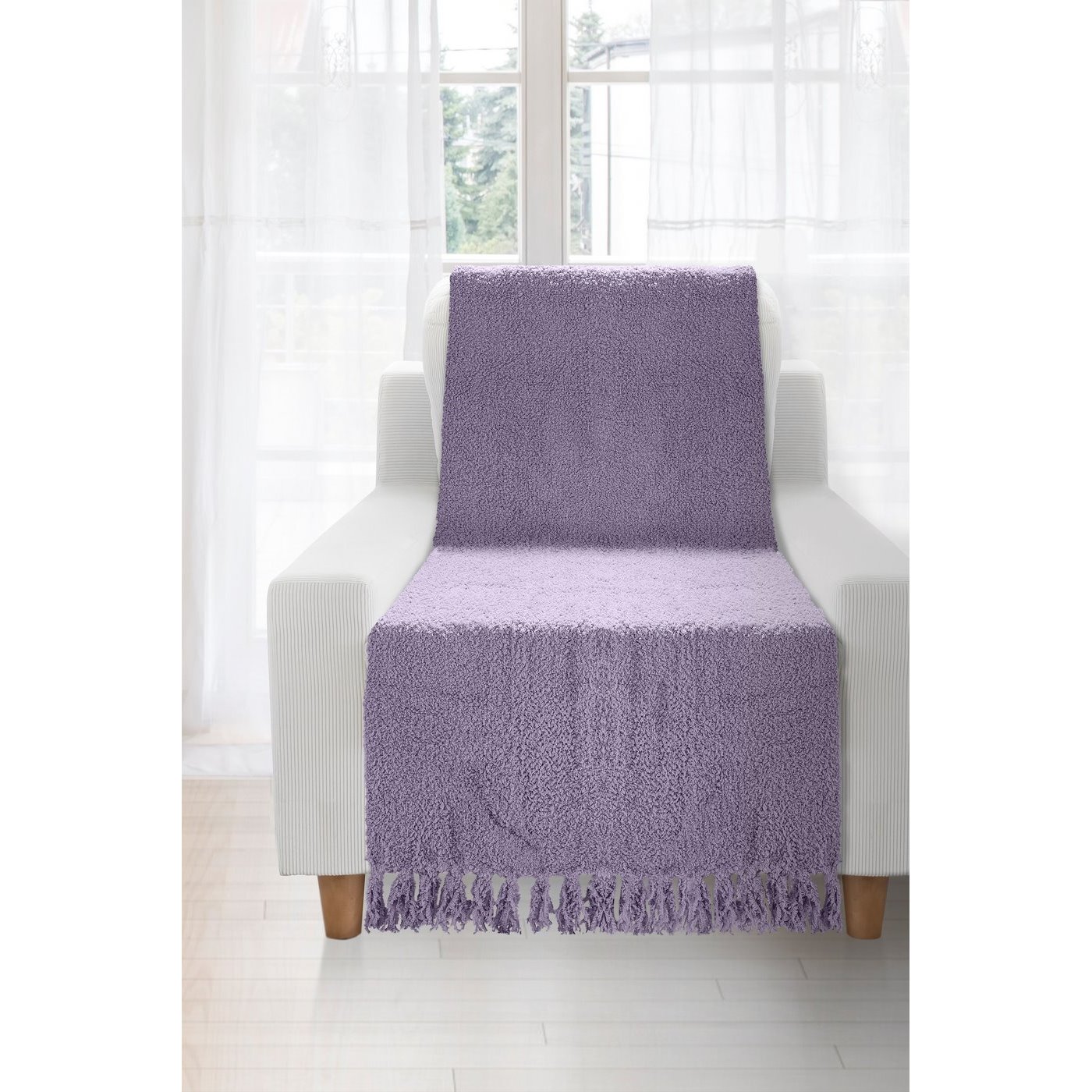 Koc miękki pled z frędzlami na fotel jednokolorowy fioletowy 70x150cm