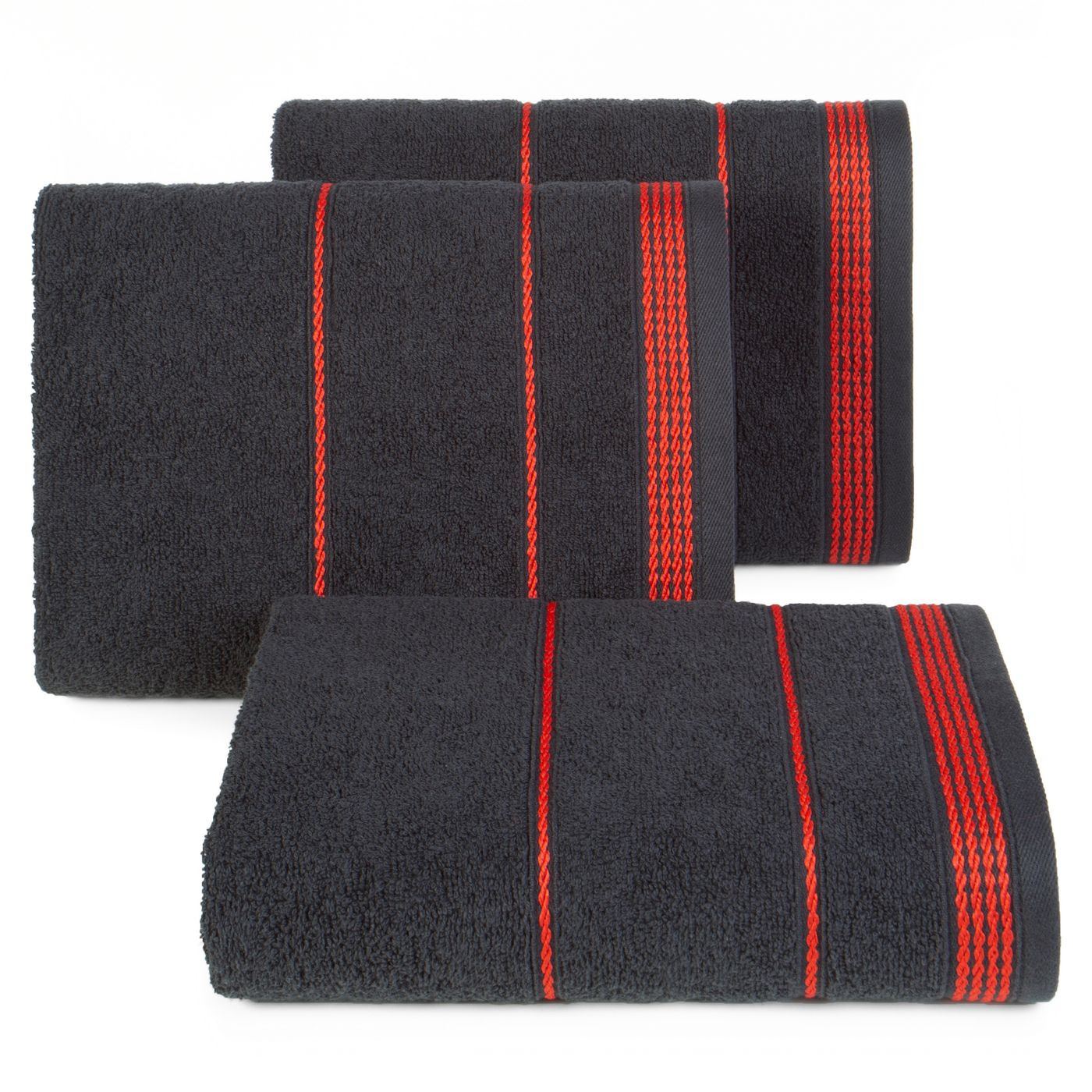 Ręcznik bawełniany czarny MIRA ze stebnowaną czerwoną bordiurą 50x90 cm Eurofirany