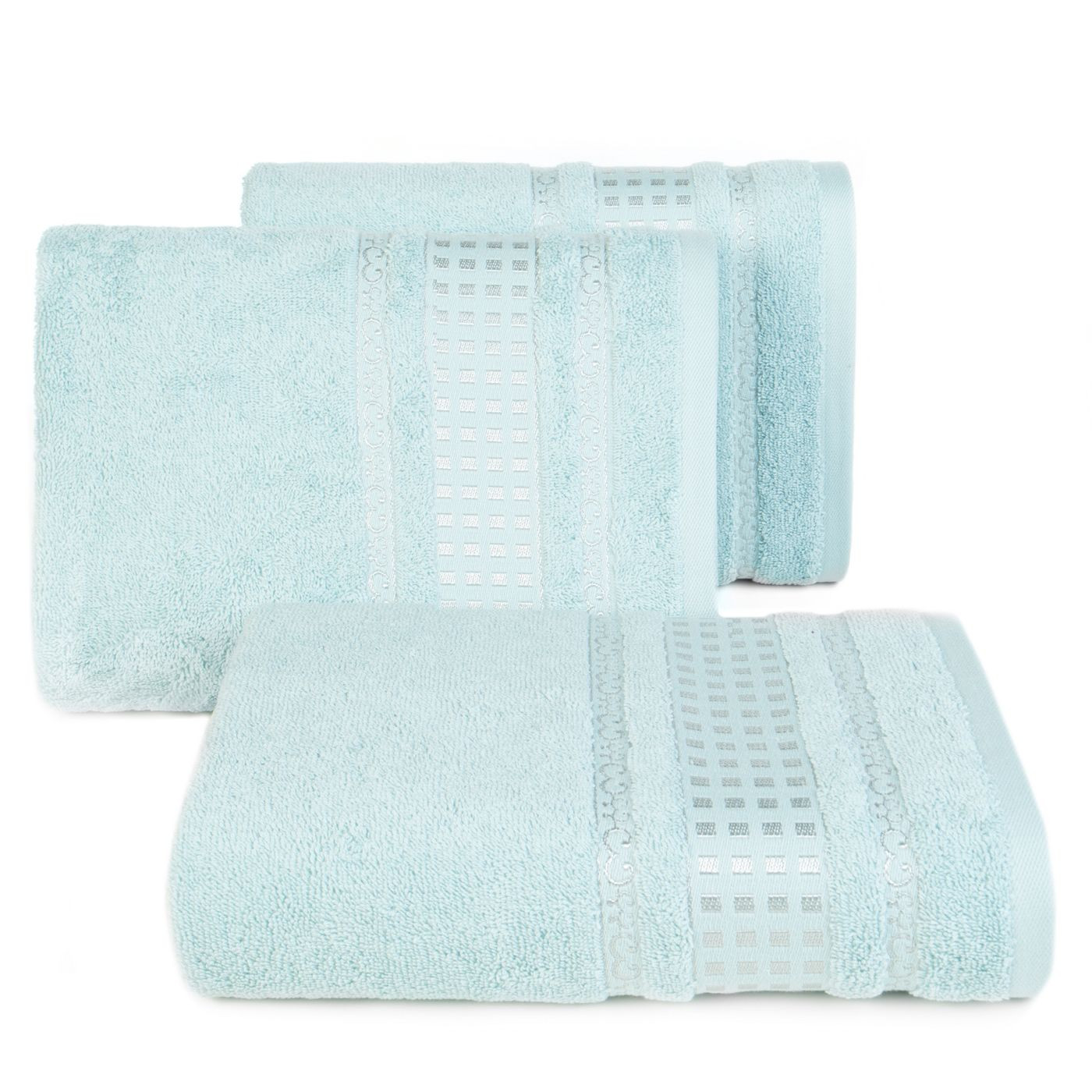 Ręcznik z haftowaną bordiurą w kosteczki błękitny 50x90 cm