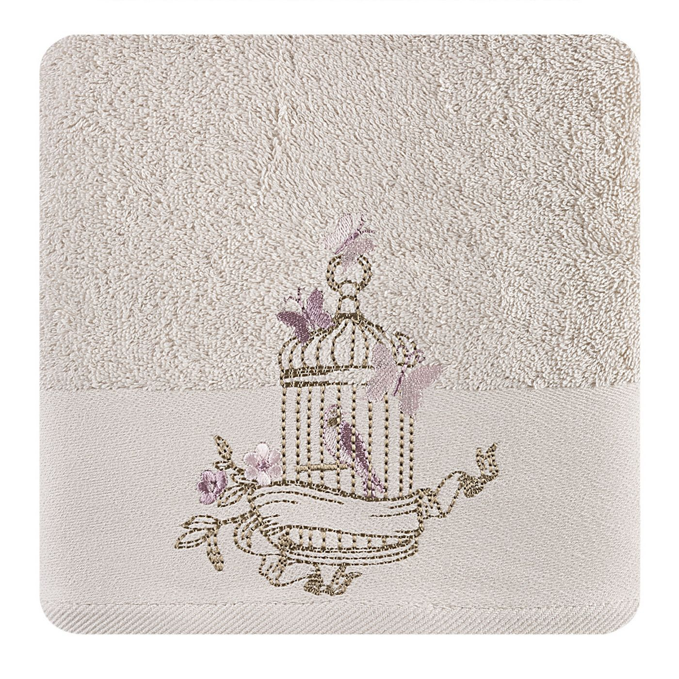Ręcznik haftowany ptaszki w klatce kremowy 50x90cm