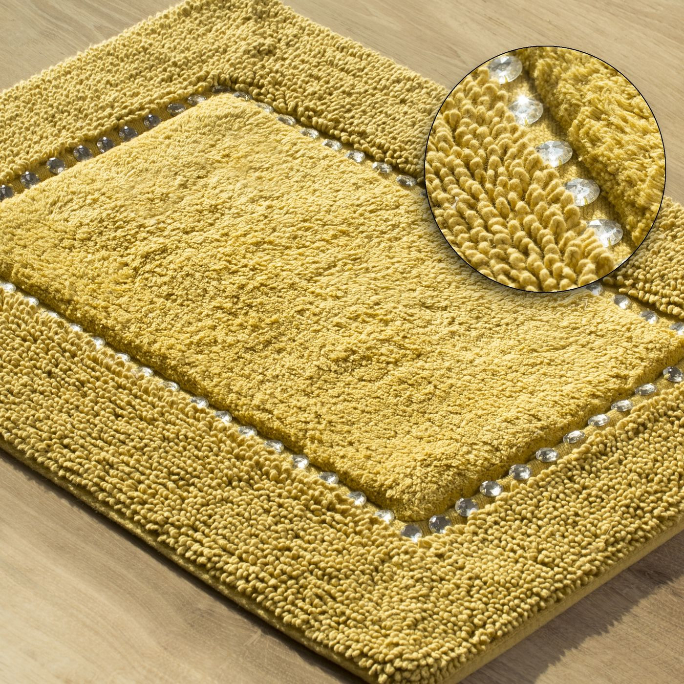 Chic musztardowy dywan łazienkowy z kryształami w stylu glamour z kryształkami 50x70 cm Eurofirany