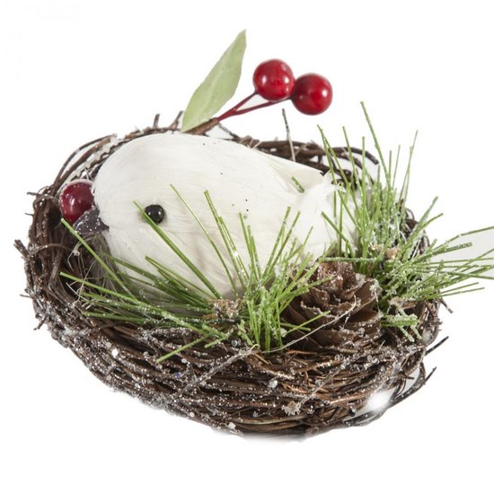 Nest dekoracja na choinkę ptaszek w gniazdku na choinkę 15 cm Eurofirany - ∅ 10 cm - biały