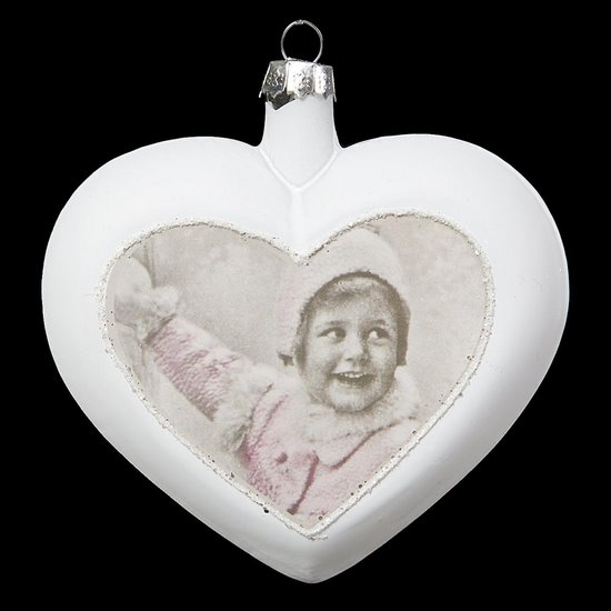 Lagal 1 biała szklana bombka choinkowa serce z portretem dziecka w stylu retro 10 cm Eurofirany - 10 cm - biały