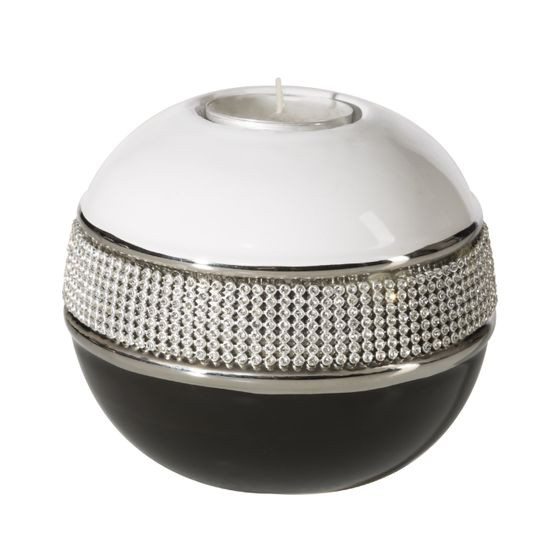 Świecznik ceramiczny biało-czarny z kryształkami glamour - ∅ 12 X 12 cm - biały/czarny