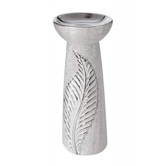 Świecznik ceramiczny z wytłaczanym liściem 25 cm - ∅ 11 X 25 cm - srebrny