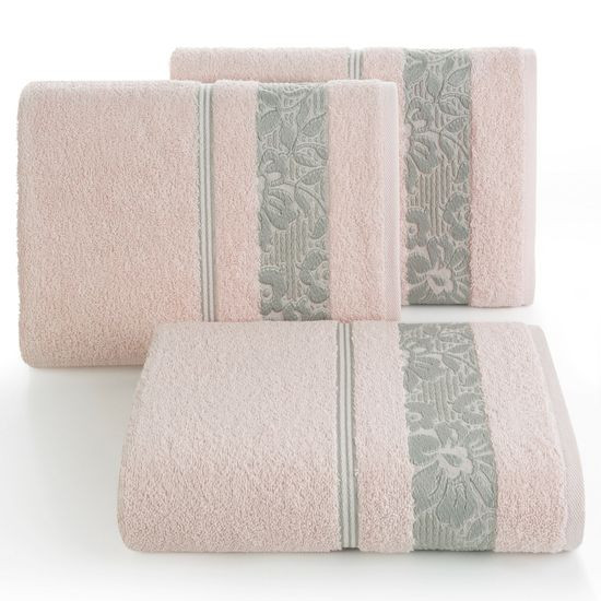 Ręcznik z bawełny z kwiatowym wzorem na bordiurze 70x140cm jasnoróżowy - 70 X 140 cm - różowy