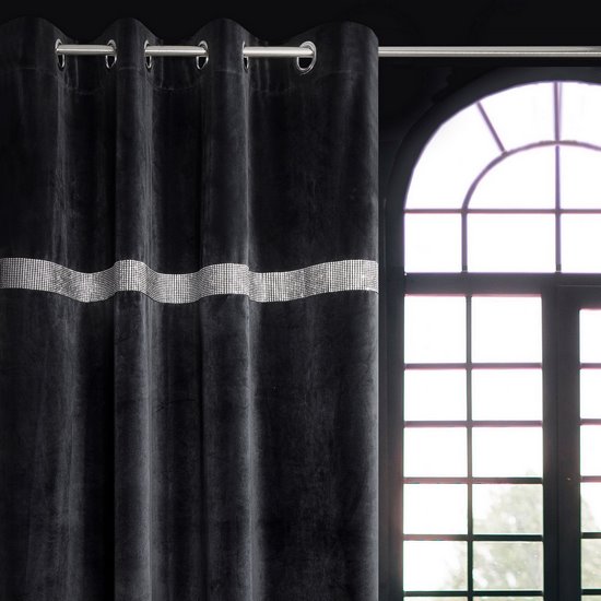 Zasłona FEBA z błyszczącego welwetu z pasem kryształków Reina Line Eurofirany - 140 x 250 cm - czarny