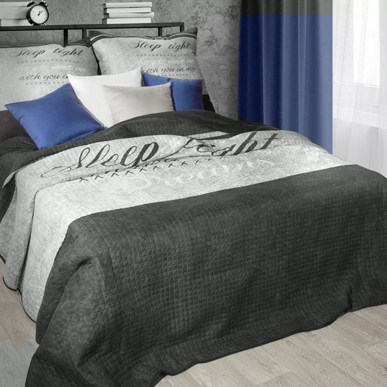 Narzuta na łóżko dwukolorowa z napisem 170x210 cm srebrno-brązowa - 170 x 210 cm - srebrny