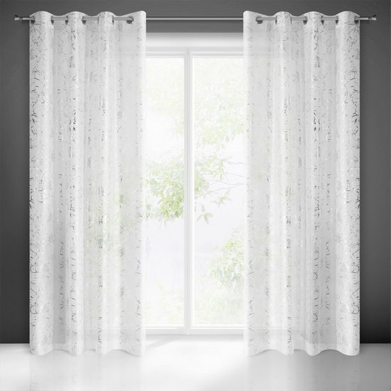 Dekoracja okienna FEZA biała ze srebrnym wzorem kwiatowym na przelotkach  Eurofirany - 140 x 250 cm - biały