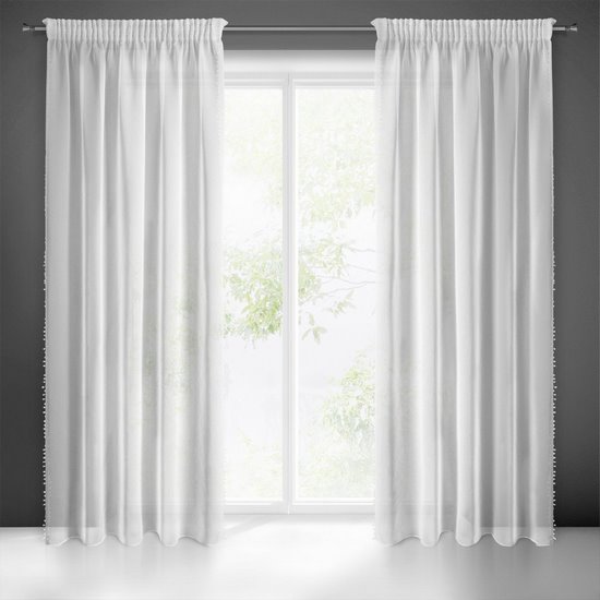 Dekoracja okienna ALMINA biała z lamówką z pomponami w stylu boho  na taśmie Eurofirany - 140 x 270 cm - biały