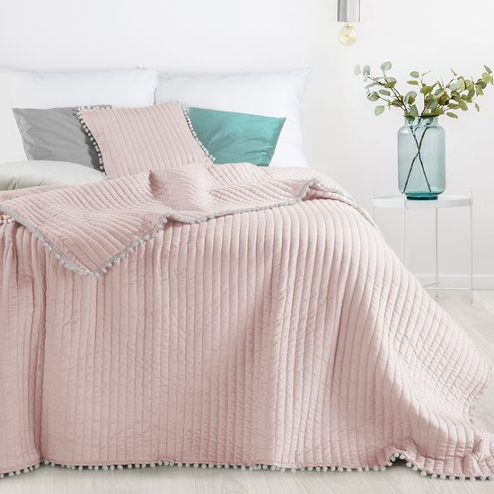 Narzuta na łóżko pikowana pomponiki 170x210 cm różowa - 170 X 210 cm - różowy/srebrny