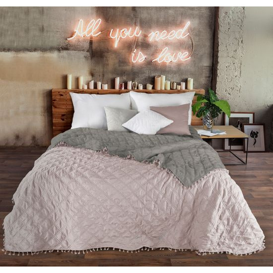 Narzuta na łóżko przeszywana dwustronna 170x210 cm stalowo-różowy - 170 X 210 cm - stalowy/różowy