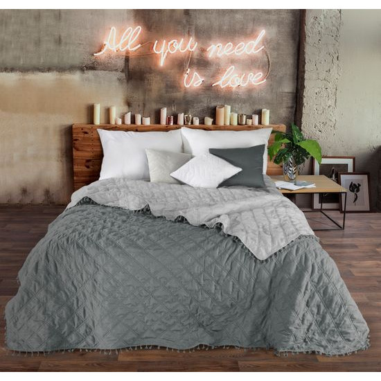 Narzuta na łóżko przeszywana dwustronna 170x210 cm stalowo-srebrny - 170 X 210 cm - stalowy/srebrny