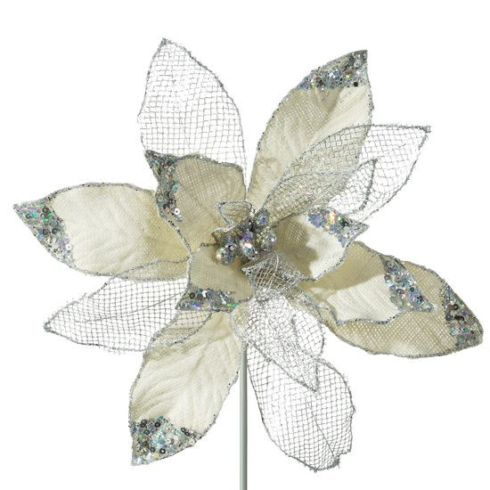 Srebrny kwiat dekoracyjny gwiazda betlejemska z welwetu i siateczki 26 cm Eurofirany - ∅ 26 cm - srebrny