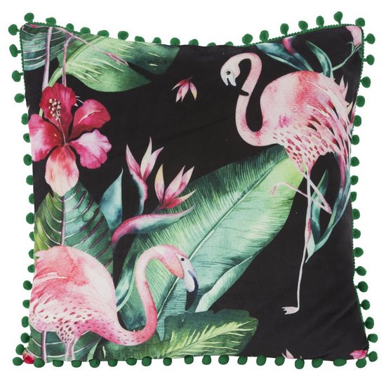 Poszewka modny wzór we flamingi z pomponikami 45x45 cm - 45 X 45 cm - czarny/różowy