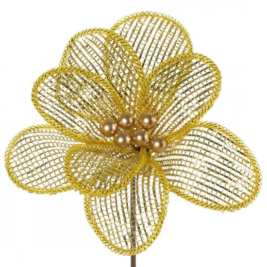 Złoty kwiat na choinkę stroik z siateczki z perełkami 28 cm Eurofirany - ∅ 28 cm - złoty