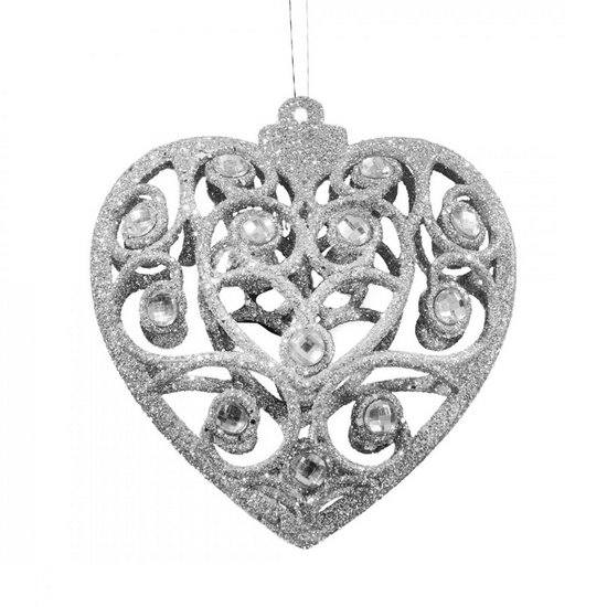 Zawieszka na choinkę ażurowe serce z kryształkami 10x11 cm Eurofirany - 10 x 11 cm - srebrny