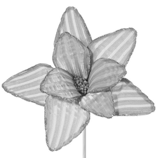 Srebrny dekoracyjny kwiat z welwetu w paski 24 cm Eurofirany - ∅ 24 cm - srebrny