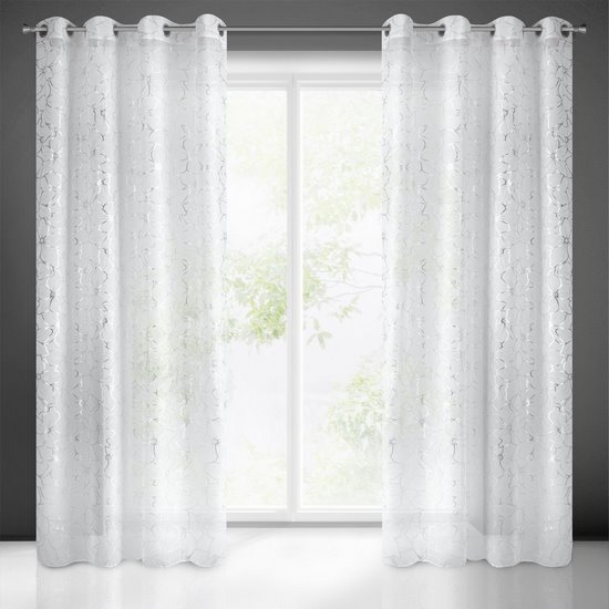 Dekoracja okienna  ALISA biała ze srebrnym wzorem kwiatowym na przelotkach Eurofirany - 140 x 250 cm - biały