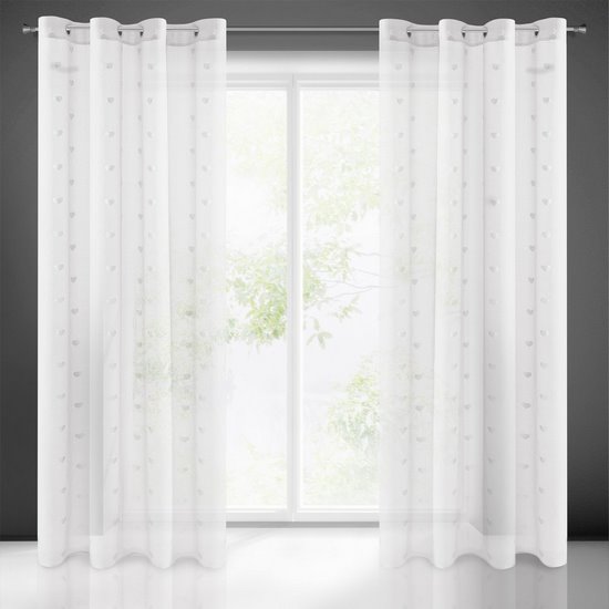 Dekoracja okienna BENAY biała z etaminy zdobiona srebrnymi serduszkami przelotkach Eurofirany - 140 x 250 cm - biały