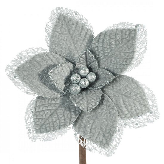 Srebrny kwiat na choinkę z welwetu zdobiony siateczką 16 cm Eurofirany - 16 cm - stalowy