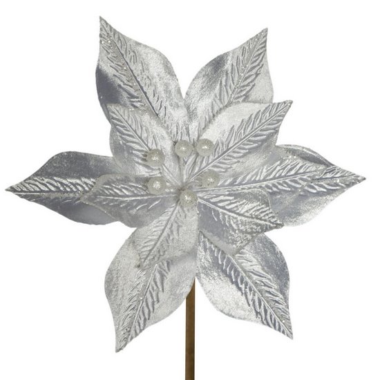 Srebrny kwiat na choinkę z wytłaczanego welwetu 20 cm Eurofirany - 20 cm - biały