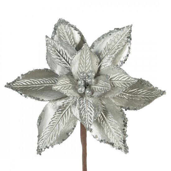 Srebrny kwiat na choinkę z welwetu wytłaczany 20 cm Eurofirany - 20 cm - srebrny