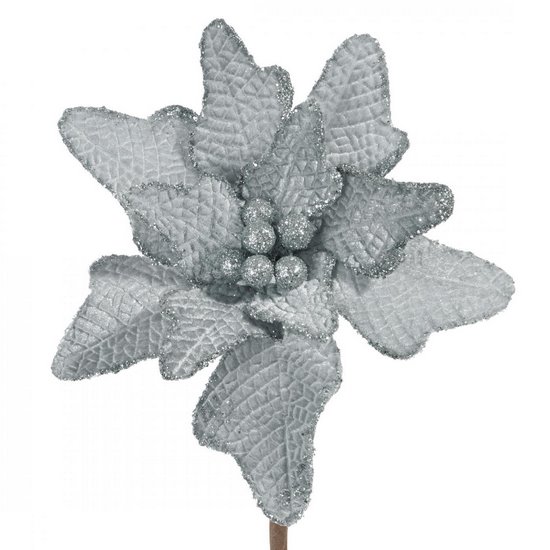 Ciemny srebrny  kwiat dekoracyjny na choinkę z brokatem 20 cm Eurofirany - 20 cm - srebrny