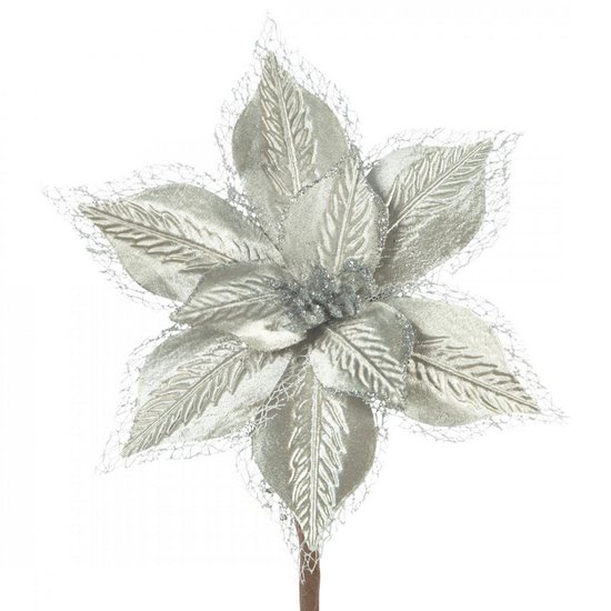 Srebrny kwiat dekoracyjny z siateczką na choinkę  20 cm Eurofirany - 20 cm - srebrny