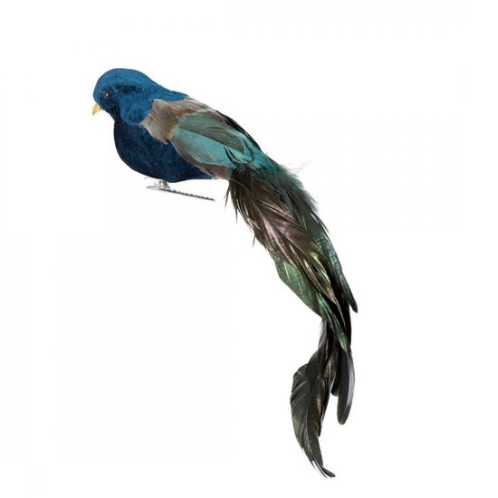 Granatowy ptaszek dekoracyjny z długimi piórami na choinkę z klipsem 30 cm Eurofirany - 30 cm - granatowy