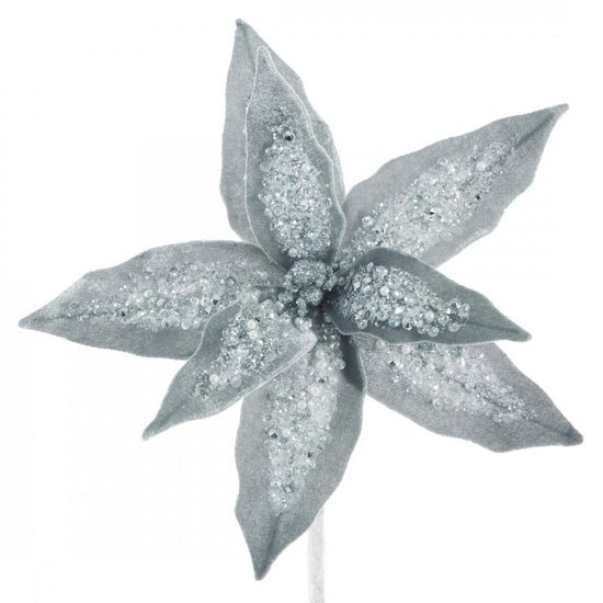 Srebrna gwiazda betlejemska z kryształkami na płatkach kwiat na choinkę 25 cm Eurofirany - 25 cm - srebrny