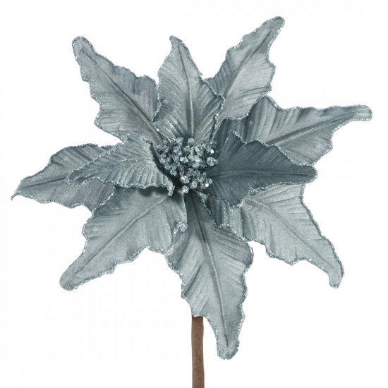 Stalowo szary kwiat dekoracyjny z welwetu z brokatem na choinkę 35 cm Eurofirany - 30 cm - stalowy