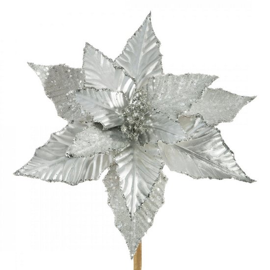 Srebrny kwiat dekoracyjny z welwetu wytłaczanego na choinkę 25 cm Eurofirany - 25 cm - srebrny