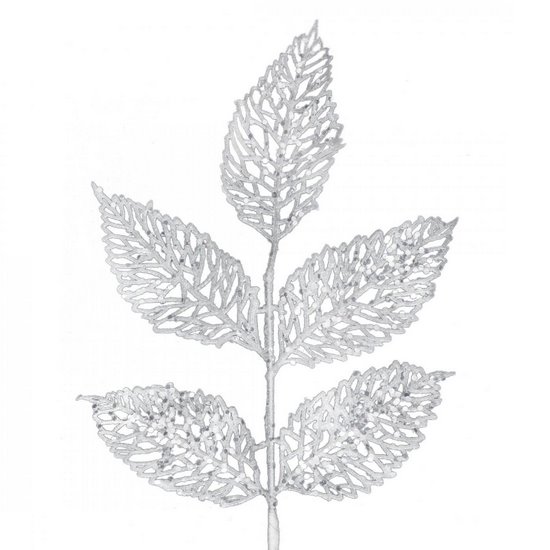 Srebrna gałązka dekoracyjna  z ażurowymi listkami 25 cm Eurofirany - 25 cm - srebrny