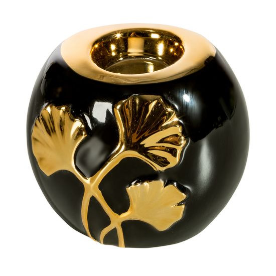 Świecznik dekoracyjny czarny BILOBA w kształcie kuli zdobiony złotym liściem  12x10 cm Eurofirany - 12 x 10 x 10 cm - czarny