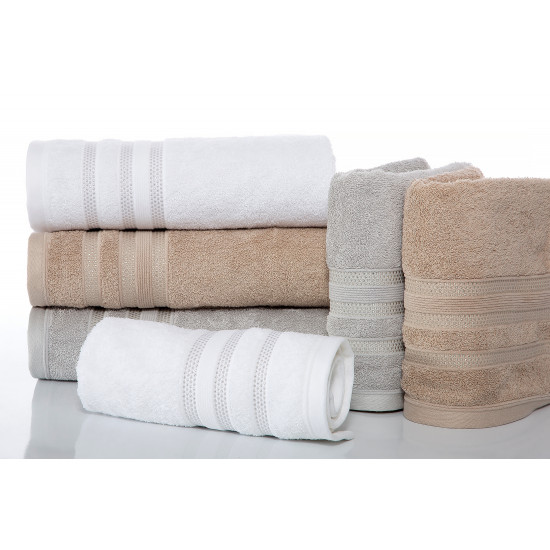 Ręcznik kąpielowy JUDY z bordiurą w błyszczące paski Eurofirany - 50 x 90 cm - musztardowy