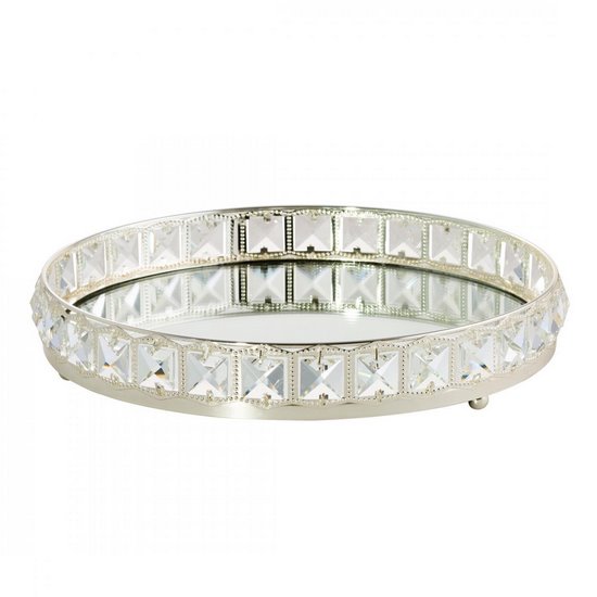 Patera dekoracyjna HANA 2 srebrna z lustrzanym spodem i kryształkami Eurofirany - ∅ 32 x 6 cm - srebrny