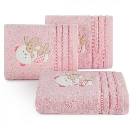 Ręcznik niemowlęcy różowy BABY 32 z kapturem i aplikacja miś 75x75 cm EUROFIRANY - 75 x 75 cm - różowy