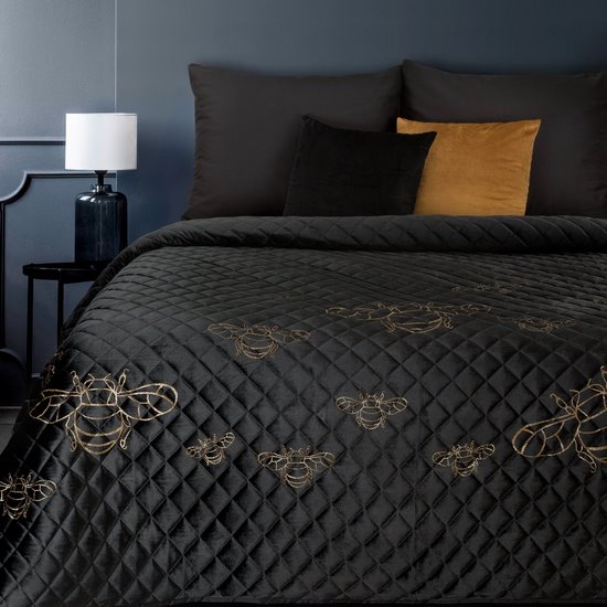 Narzuta czarna STELA z matowego velvetu w złote trzmiele 220x240 cm EUROFIRANY Narzuta czarna STELA z matowego velvetu w złote trzmiele 220x240 cm EUROFIRANY - 220 x 240 cm