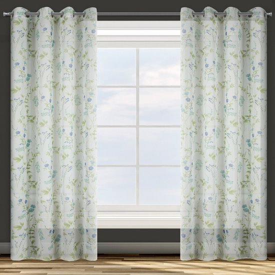 Dekoracja okienna MIA w niebieskie kwiaty w stylu rustykalnym z etaminy Design 91 - 140 x 250 cm - biały