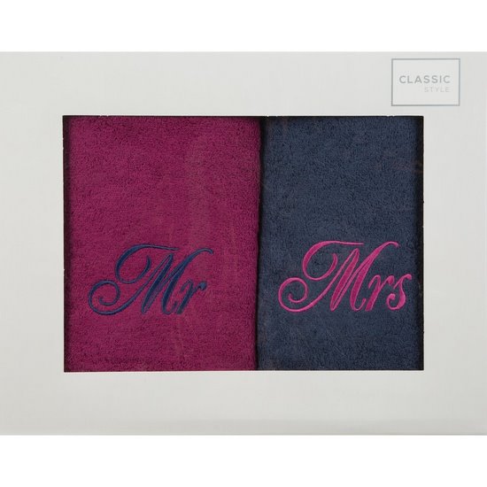Komplet ręczników z haftem MR & MRS Eurofirany - 47 x 37 x 7 cm - amarantowy
