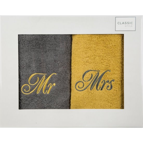 Komplet ręczników z haftem MR & MRS Eurofirany - 46 x 36 x 7 cm - stalowy