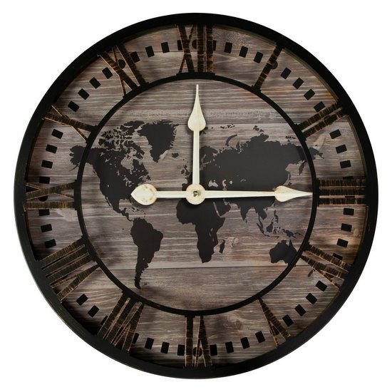 Okrągły zegar ścienny z mapą świata na cyferblacie Eurofirany - 60 x 5 x 60 cm - czarny