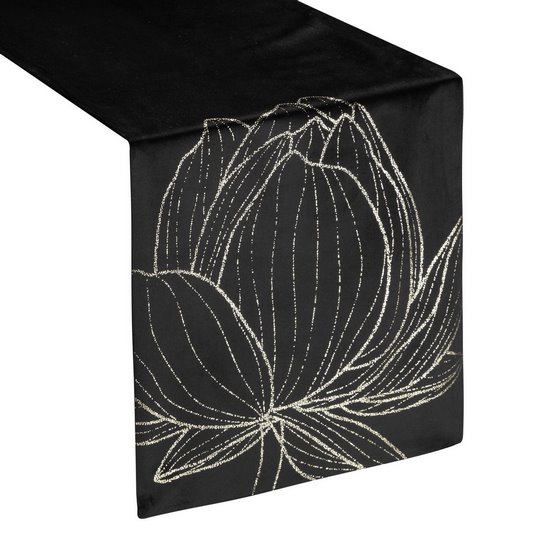 Bieżnik czarny BLINK 12 z welwetu z metalicznym wzorem kwiatowym Eurofirany - 35 x 180 cm - czarny