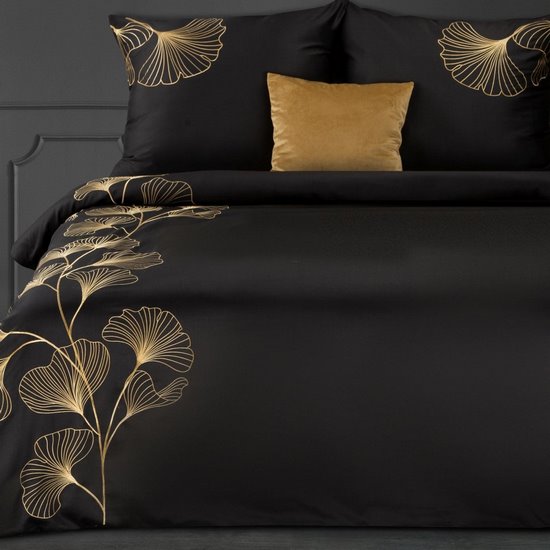 Komplet pościeli HAFT 2 czarny haftowany w złote liście miłorzębu z satyny bawełnianej Eurofirany Premium - 160 x 200 cm - czarny