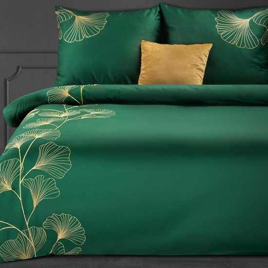 Komplet pościeli HAFT 2 zielony haftowany w złote liście miłorzębu z satyny bawełnianej Eurofirany Premium - 220 x 200 cm - zielony