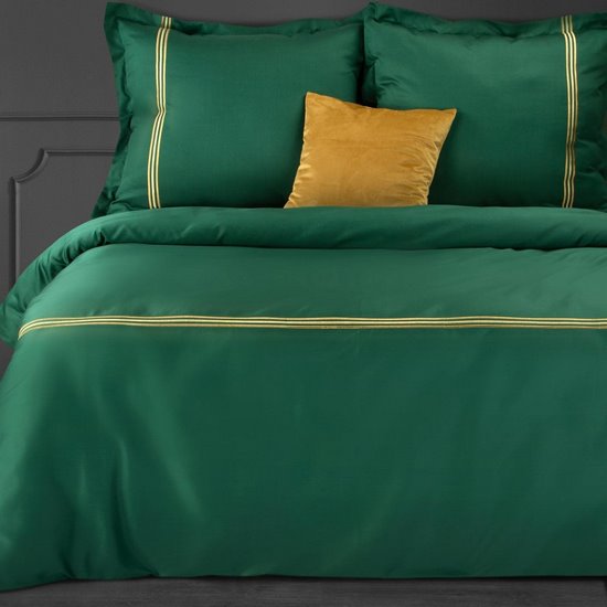 Komplet pościeli HAFT 4 zielony haftowany w złote paski z satyny bawełnianej Eurofirany Premium - 160 x 200 cm - zielony