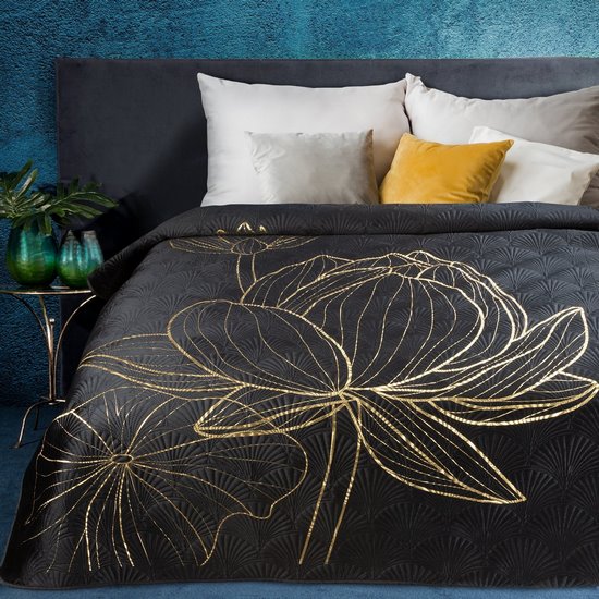 Czarna narzuta LOTOS z welwetu na łóżko ze złotym nadrukiem kwiat lotosu 170x210 cm EUROFIRANY - 170 x 210 cm - czarny