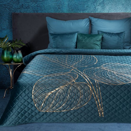 Narzuta turkusowa BLANCA z velvetu na łóżko ze złotym wzorem botanicznym 170x210 cm EUROFIRANY - 170 x 210 cm - turkusowy