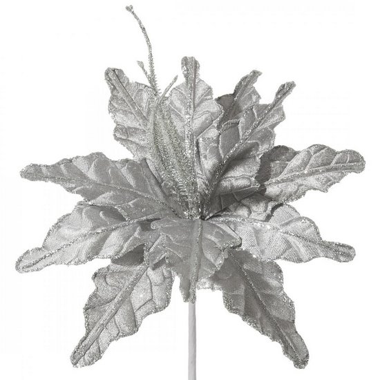 Srebrny kwiat poinsecja gwiazda betlejemska z welwetu na choinkę 22 cm Eurofirany - 22 cm - srebrny